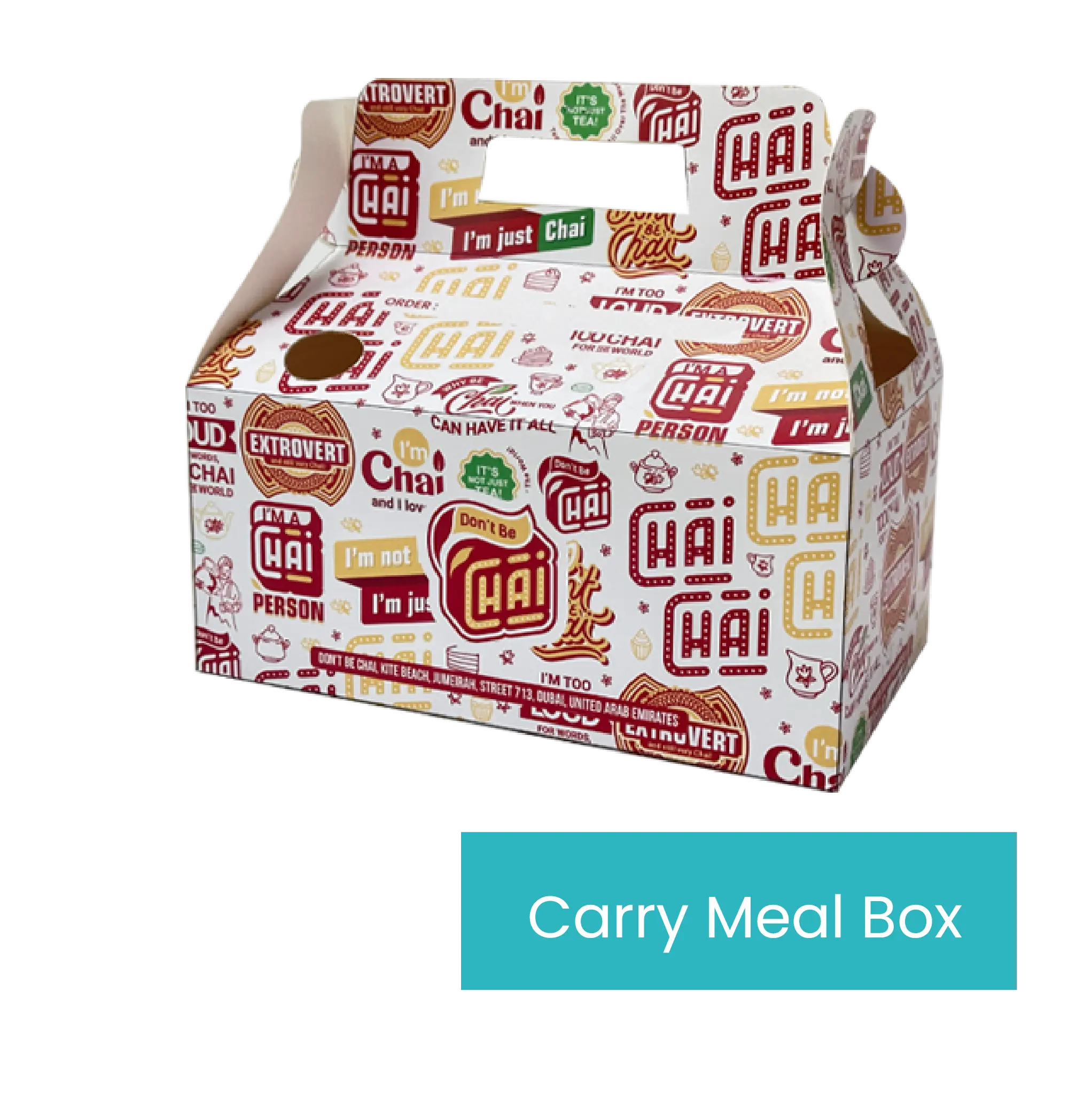 A white Carry Meal Box features a vibrant, repeating pattern with phrases like "Chai," "I'm just Chai," "Can I Chai," and "Don't Be Chai." It has a cut-out handle at the top for easy carrying and a blue label at the bottom right corner that prominently reads “Carry Meal Box.”