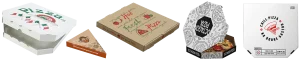 A row of *Customised Pizza Boxes* in various designs and shapes. The first is white with Italian flags, the second is a slice-shaped box for a single serving, the third is Kraft brown with red and green graphics, the fourth is black and white with an open lid, and the last is white with bold red and black text.