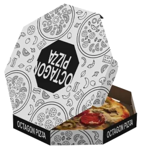 An open octagon-shaped pizza box labeled "Customised Pizza Box White or Kraft Brown" reveals a partially visible pizza with various toppings, including red bell peppers and mushrooms. The stylish pizza box features black and white pizza-themed illustrations, promising a delightful culinary experience.