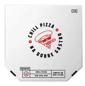 A square customised pizza box in white, featuring "Chill Pizza na dobre gastro" elegantly encircling a logo of a slice of pizza with sunglasses, truly stands out. The box showcases a striking design with black and red text and graphics, including the telephone number "216-444-444." Perfect for any pizza lover!