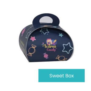 A dark blue, dome-shaped candy box adorned with colorful illustrations of candies, stars, and hearts. The box includes a convenient handle at the top and is labeled "Icarus Candy." Resembling a carry meal box, text beside the candy container reads "Carry Meal Box.