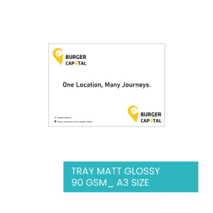 Image showcasing a Burger Capital advertisement featuring the slogan "One Location, Many Journeys." The logo displays a yellow drop pin design with a burger icon inside. The text is presented on a white background. Below, there is a teal banner that reads "Paper Tray Mats - TRAY MATT GLOSSY 90 GSM, A3 SIZE," ideal for paper tray mats.