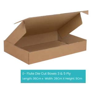 A partially open brown cardboard box, resembling a cartoon box, is displayed with dimensions of 36 cm in length, 26 cm in width, and 5 cm in height. This E-Commerce Cartoon Box comes with an E-Flute die cut design and is available in both 3 ply and 5 ply variations.