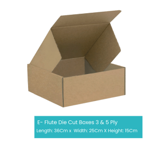 An open E-Commerce Cartoon Box made from 3 and 5 ply cardboard is shown against a white background. The brown box has its lid partially open, resembling cartoon boxes you might see in animations. A label below specifies the dimensions as Length: 36cm, Width: 25cm, and Height: 15cm.