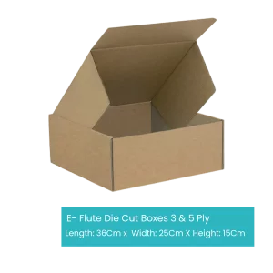 An open E-Commerce Cartoon Box made from 3 and 5 ply cardboard is shown against a white background. The brown box has its lid partially open, resembling cartoon boxes you might see in animations. A label below specifies the dimensions as Length: 36cm, Width: 25cm, and Height: 15cm.