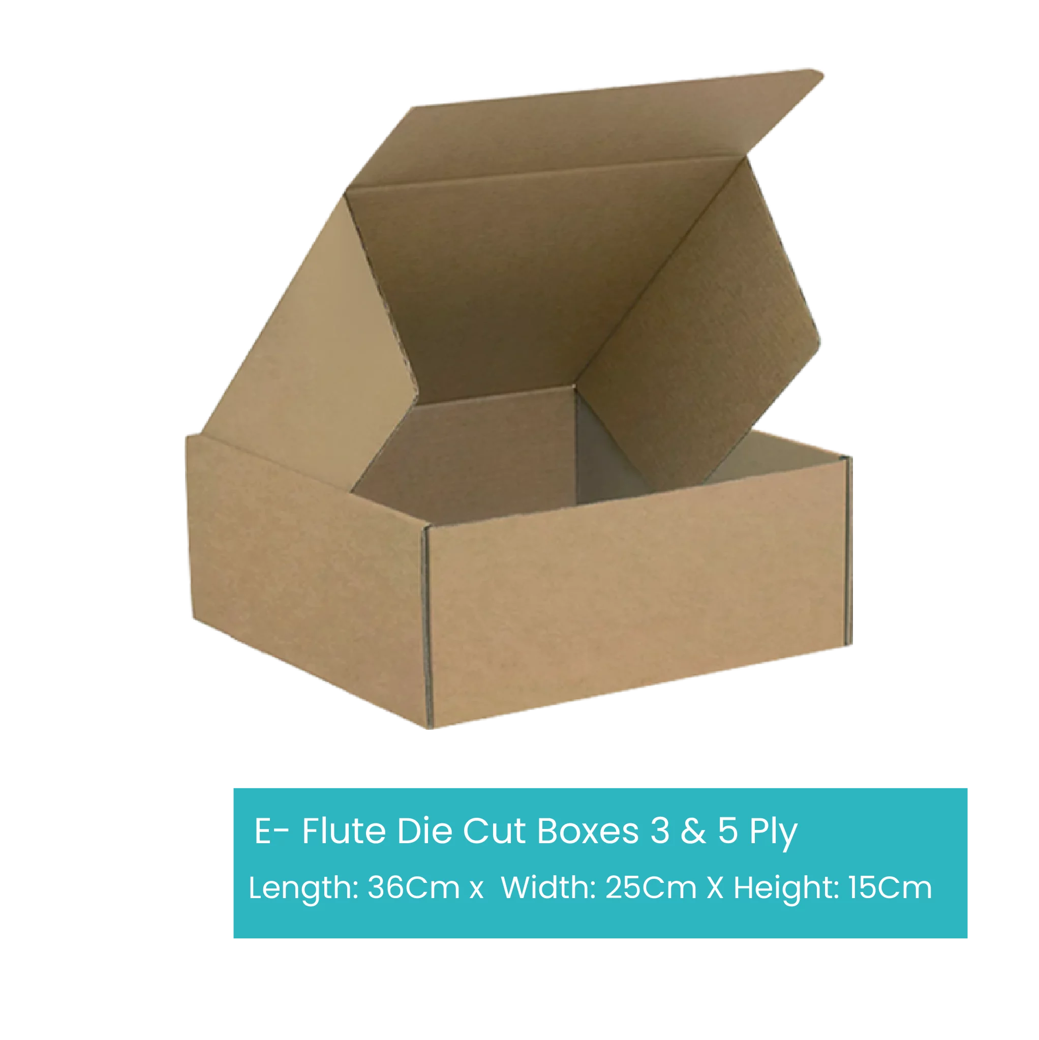 An open E-Commerce Cartoon Box made from 3 and 5 ply cardboard is shown against a white background. The brown box has its lid partially open, resembling cartoon boxes you might see in animations. A label below specifies the dimensions as Length: 36cm, Width: 25cm, and Height: 15cm.