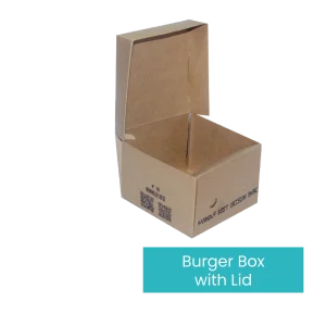 A brown, partially open Burger Box made from eco-friendly cardboard. The lid is tilted back, revealing the empty interior. The box has text printed on it, with a "Burger Box" label at the bottom right corner.