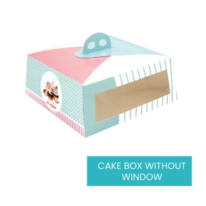 A vibrant Cake Box adorned with pink, blue, and white patterns, featuring a small carrying handle on top and an image of cupcakes on the side. The box is completely opaque. Text below the box reads, "CAKE BOX WITHOUT WINDOW.