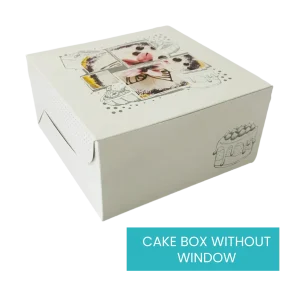 A charming Cake Box in white, adorned with delightful illustrations and a collage of cake images on the top. The lack of a window allows the intricate designs to truly shine. Blue text in a box at the bottom right corner reads, "CAKE BOX WITHOUT WINDOW.