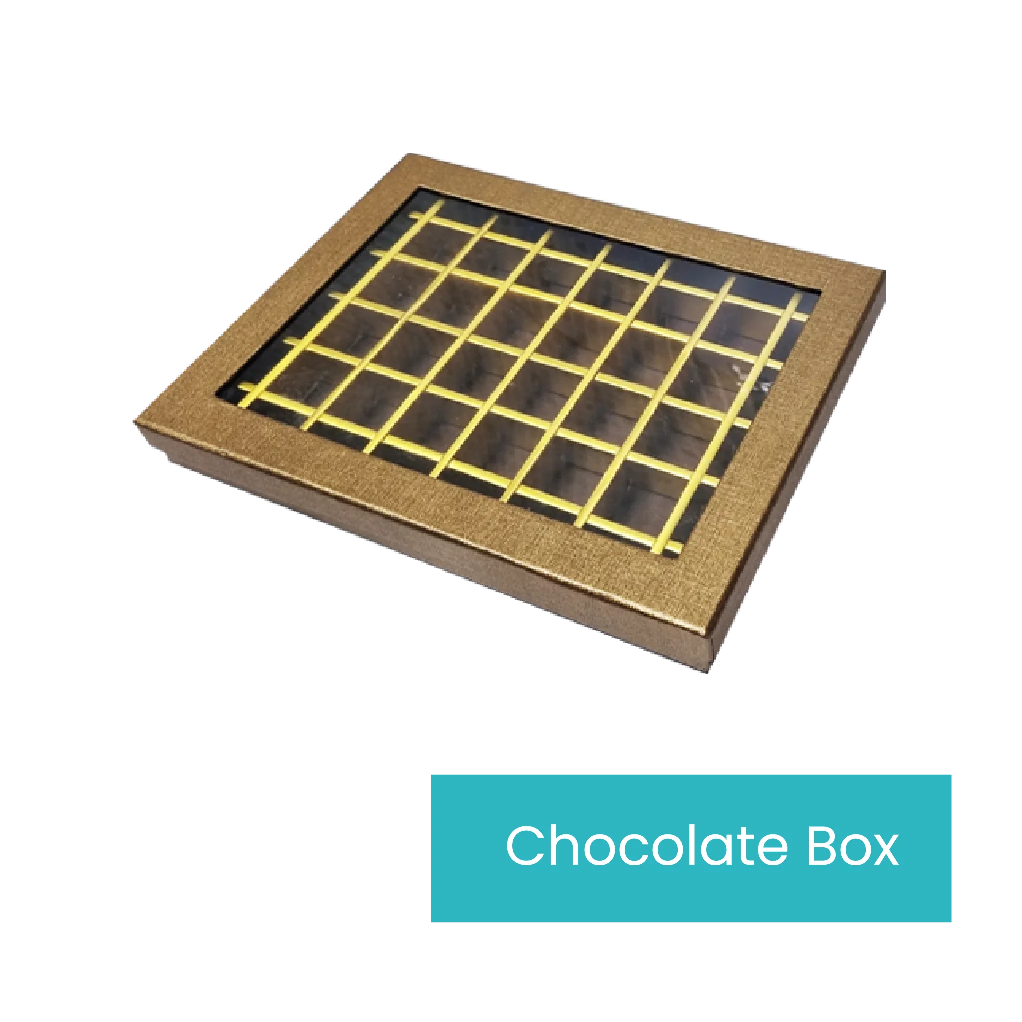 The Chocolate Box features a square design with a transparent lid adorned with a golden grid pattern. The brown box has a textured finish, and in the bottom right corner, there's a turquoise rectangle displaying "Chocolate Box" in white letters.